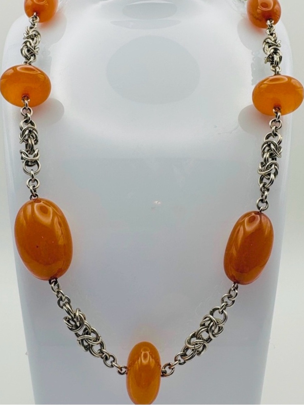 Vintage Amber Look Resin Statement Necklace Silver Tone Byzantine Chain 28”